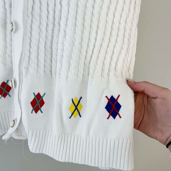 Vtg Aileen Womens White Cardigan Sweater Vest XL Ribbed Knit Argyle Golf Preppy - Picture 7 of 11